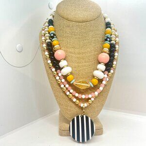 PLUNDER MULTI STRAND LAYER POP ART NECKLACE BEADS STRIPE PENDANT ORANGE PINK